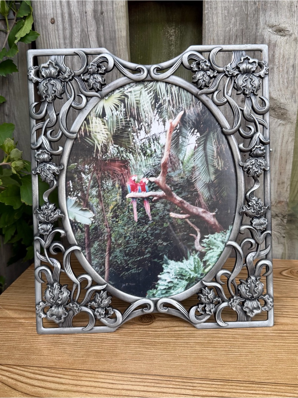 Ornate Silver Pewter Tone Metal Picture Frame Floral Iris Design Oval Opening